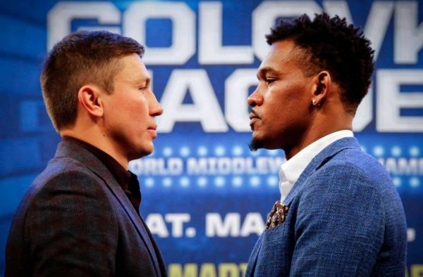 WBA Middleweight super champion Gennady Golovkin, left, poses with challenger Daniel Jacobs as they face off during a boxing press conference, Tuesday, Jan. 10, 2017, at Madison Square Garden in New York. Golovkin will put his belts on the line against Jacobs on Saturday, March 18 at Madison Square Garden. Photo: Bebeto Matthews, AP